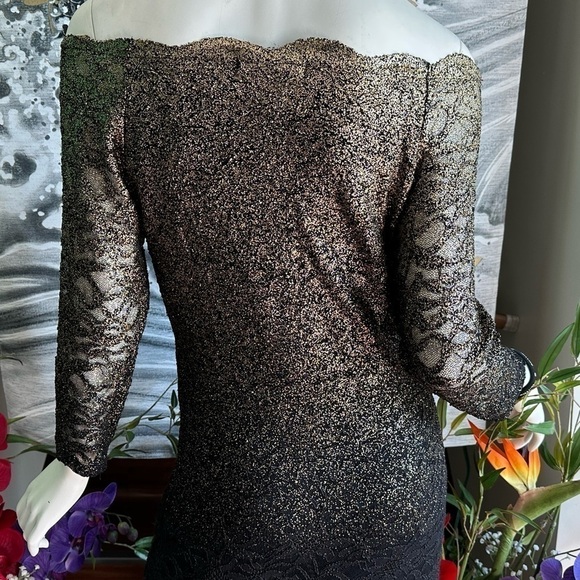 Marina BLACK & GOLD LACE OFF THE SHOULDER OMBRÉ BODY CON FLOOR LENGTH GOWN  6 - Picture 5 of 8